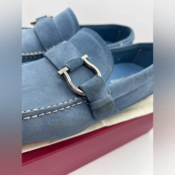 Salvatore Ferragamo Men Driving Suede Blue Moccasin Loafers Logo Sz 9 D - Picture 2 of 16